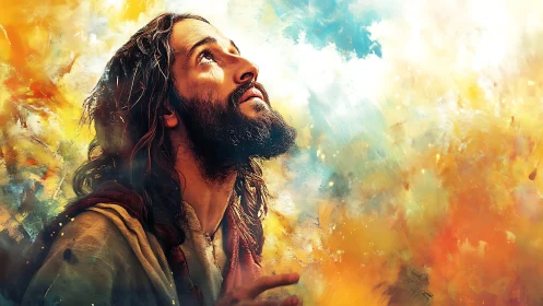 Soft light crowns a serene gaze rising through swirling color