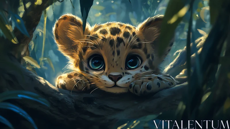 Bright-eyed baby leopard resting in a sunlit jungle hideaway.