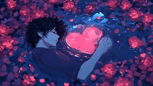 Anime figure holding luminous heart amidst neon floral environment with atmospheric lighting