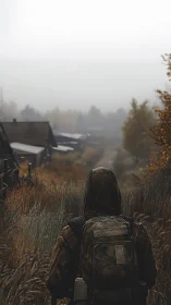 Solitary hooded figure walking through overgrown rural path.