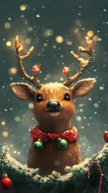 Snowy reindeer friend wrapped in cozy holiday magic.