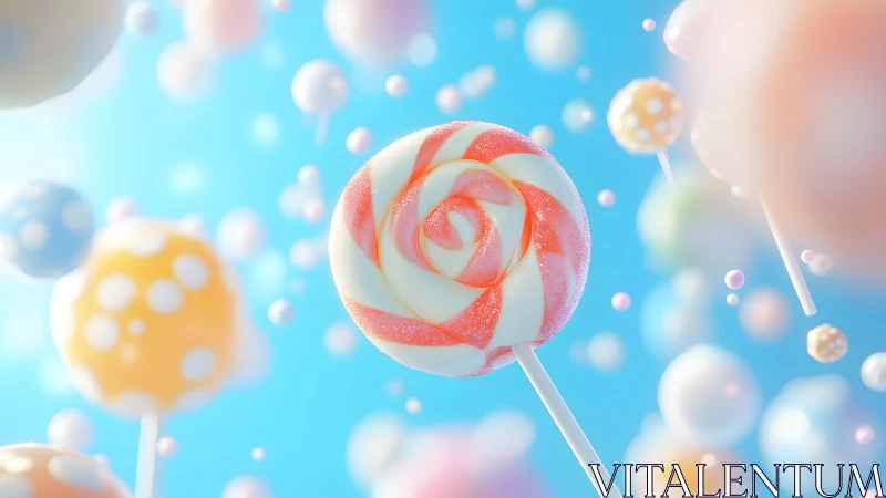 Whimsical swirl lollipop and candy pops in dreamy pastel scene.
