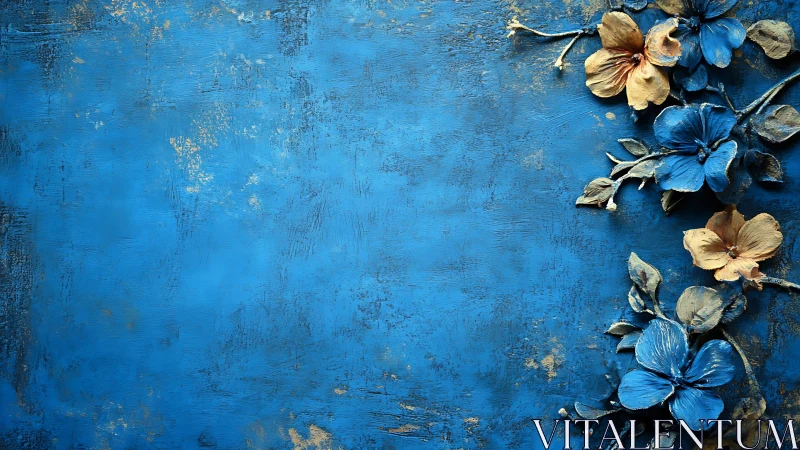 Distressed Blue Acrylic Surface with Metallic Floral Botanical Accents