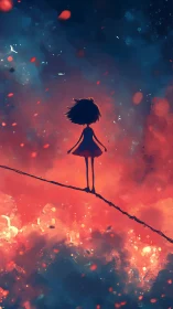 Brave little dreamer stands steady on a glowing night wire