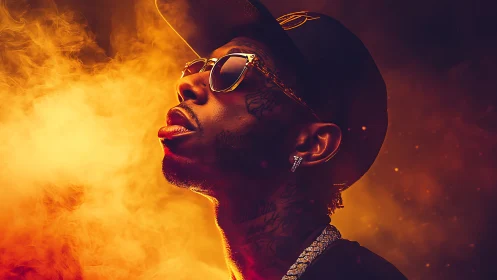 Glow-drenched rap icon drifting through molten haze.