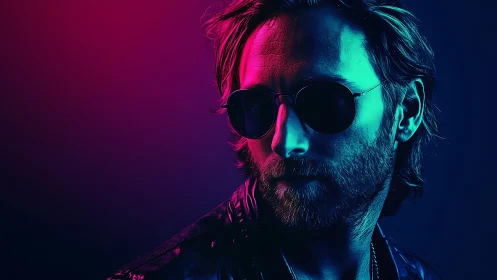 Male portrait in dual neon lighting wearing sunglasses.