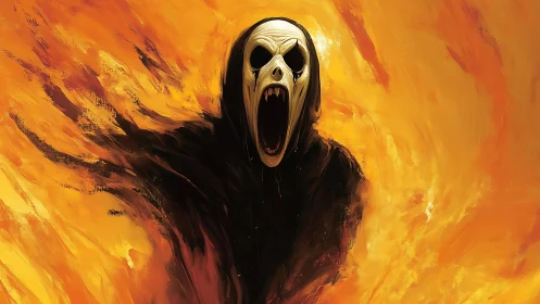 Hooded skull figure emerging from swirling orange flames.