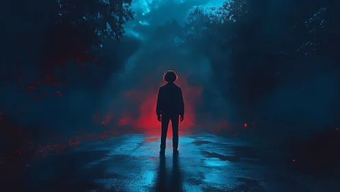 Silhouetted figure stands on wet road amid red and blue haze