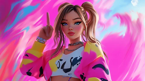 Digital girl raises finger against vivid pink abstract sky