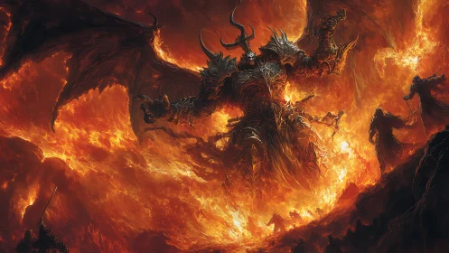 Demonic warlord rises from infernal flames, towering above foes.