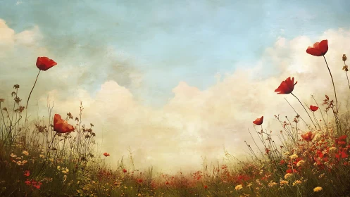 Panoramic wildflower meadow with poppies under diffuse sky.