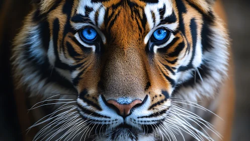 Close frontal portrait of tiger with bright blue eyes.