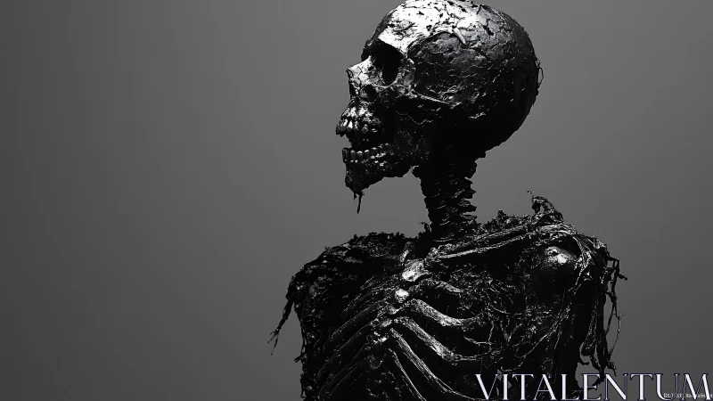 Black tar-covered human skeleton on gray background.