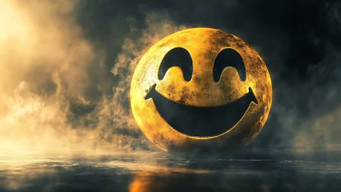 Luminous sphere with carved smiley face in misty setting.
