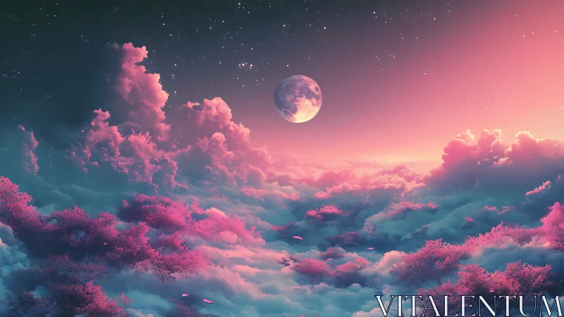 Surreal moonrise above neon pink celestial cloud sea.