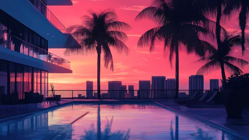 Sunset city pool glows beneath neon pink tropical sky