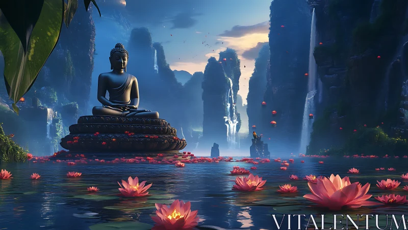 Meditative Buddha monument amid waterfall basin with lotus field.