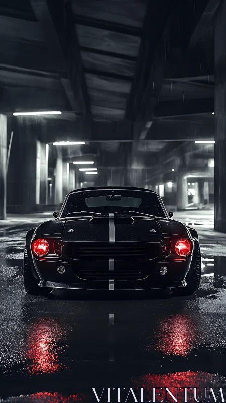 Midnight muscle car front view in cinematic wet underpass.