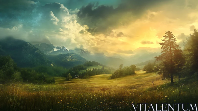 Sunlit mountain valley with trees, wildflowers, and clouds.