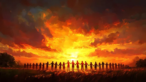 Silhouetted human chain unites beneath an incandescent sunset sky