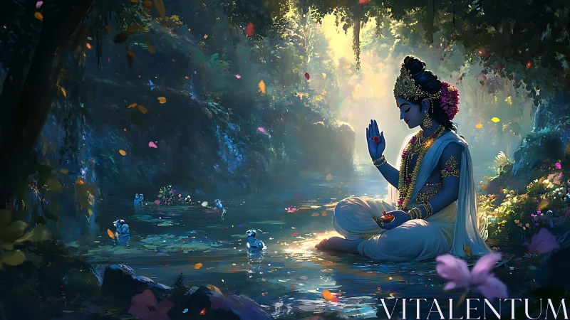 Divine blue figure meditating by bioluminescent forest pool.