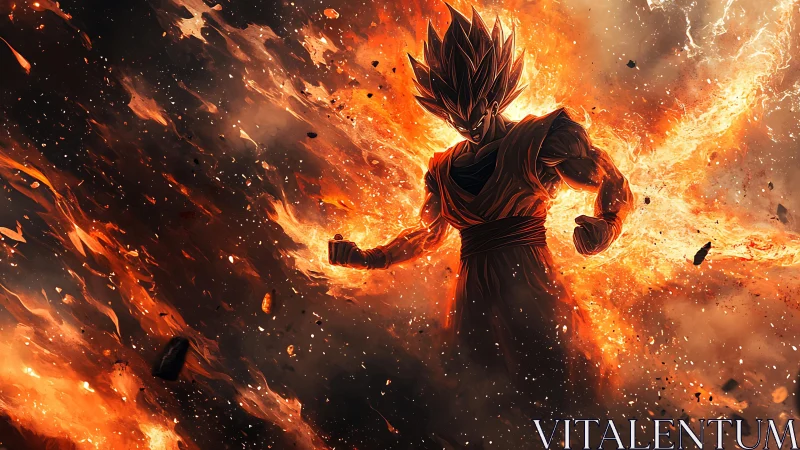 Explosive anime warrior silhouette in blazing inferno field.