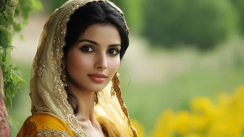 Elegant woman in golden traditional attire in a serene outdoor setting.