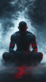 Brooding warrior meditating in stormlit crimson mist.
