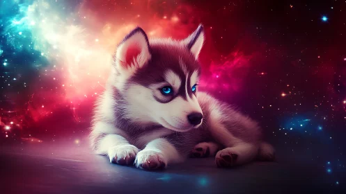 Husky puppy with blue eyes in stylized cosmic nebula scene.
