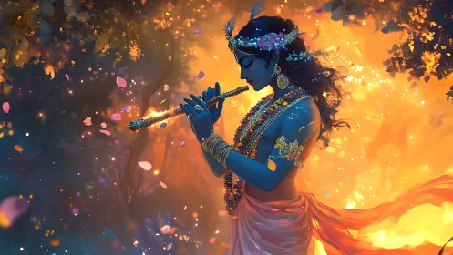 Blue-skinned figure playing flute amid illuminated foliage.