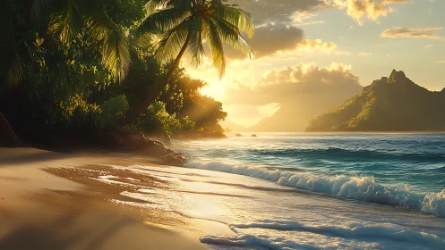 Tropical coastal landscape at sunset with island formation.