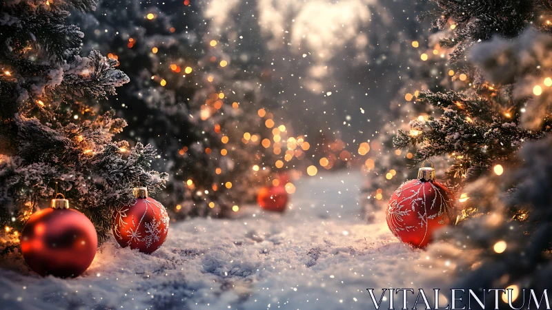 Snow covered fir trees with red ornaments and string lights.