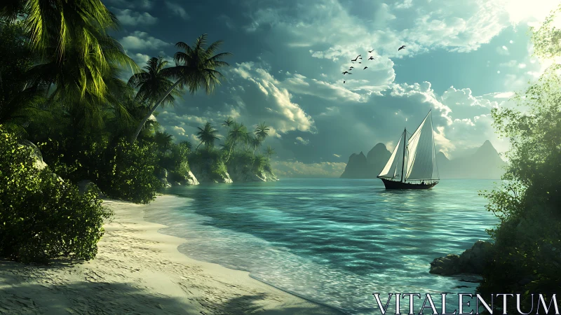 Sailboat navigates turquoise lagoon amid tropical island sanctuary.