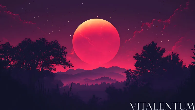 Red lunar sky dominates silhouetted forested mountain range