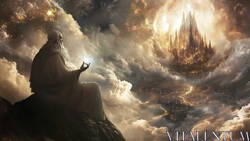 Elder mystic contemplates radiant celestial city in clouds
