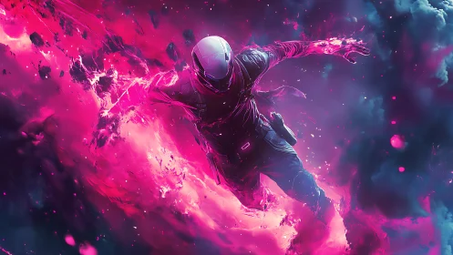 Neon space runner leaping through glowing cosmic storm.