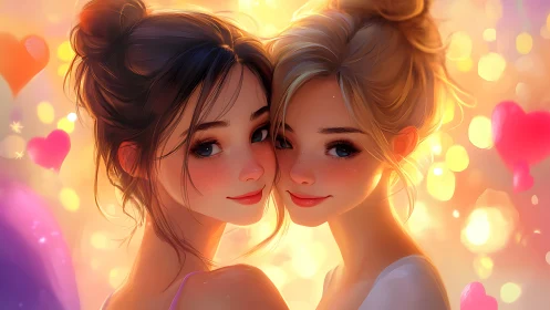 Twin female figures with luminous golden bokeh and pink hearts background
