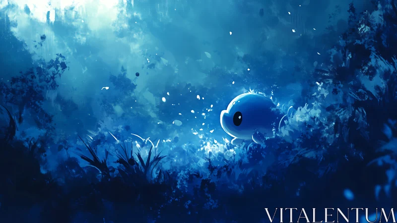 Blue creature sits in glowing foliage under diffuse light