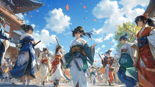 Samurai shrine procession under bright blue festival sky.