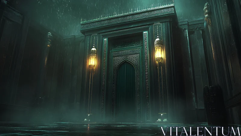Rain-soaked occult gateway with luminous arabesque metalwork.