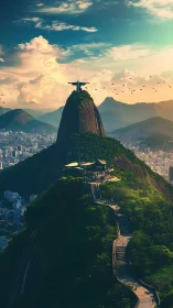 Sunlit Rio mountain path leading toward a welcoming statue.
