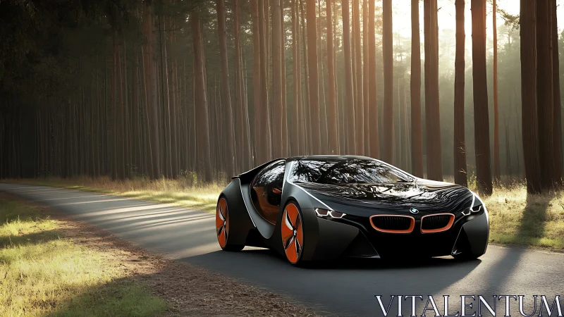 Photorealistic concept coupe on sunlit forest roadway.