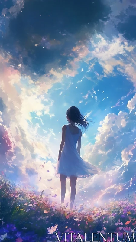 Girl in a breezy flower field gazing into a glowing sky.