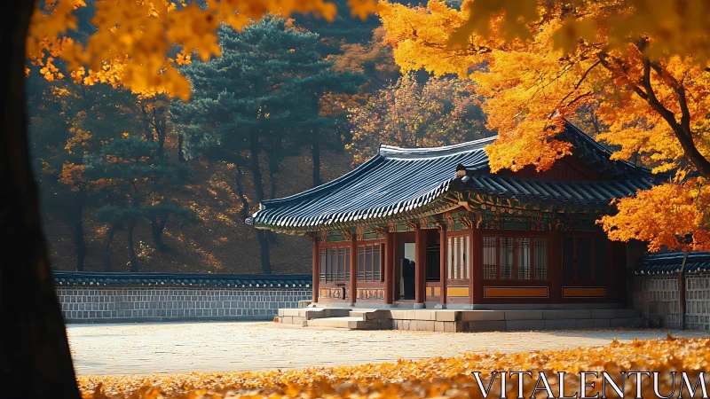 Golden autumn trees gently frame a peaceful Korean pavilion