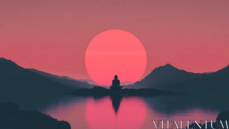 Minimalist digital sunset meditation with mirrored lake symmetry.