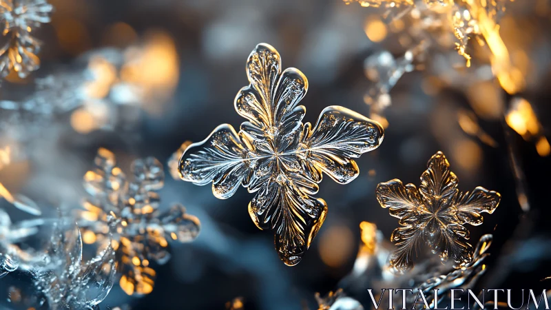 Glowing crystalline snowflakes shimmer in warm winter light