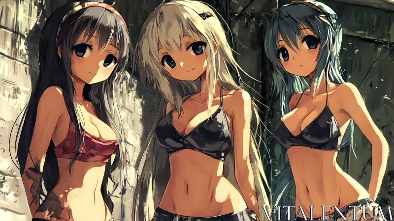 Triadic anime beachwear portrait under weathered concrete light.