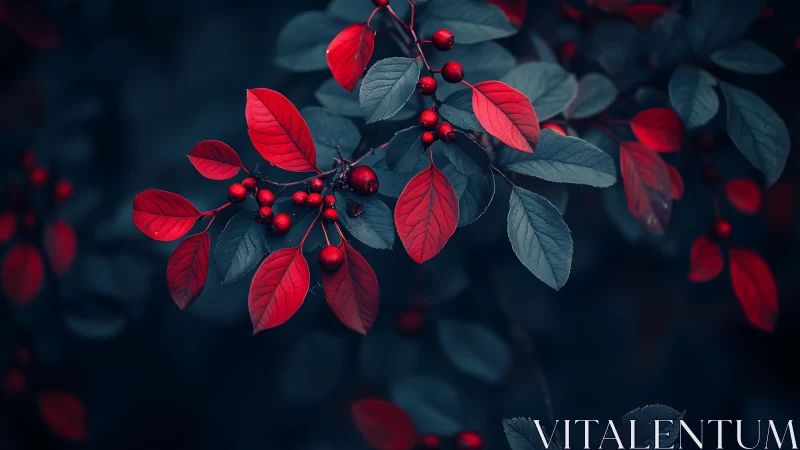 Red berries and leaves on dark blue foliage background.