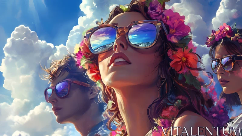 Sunlit friends gaze upward as summer skies reflect vividly.