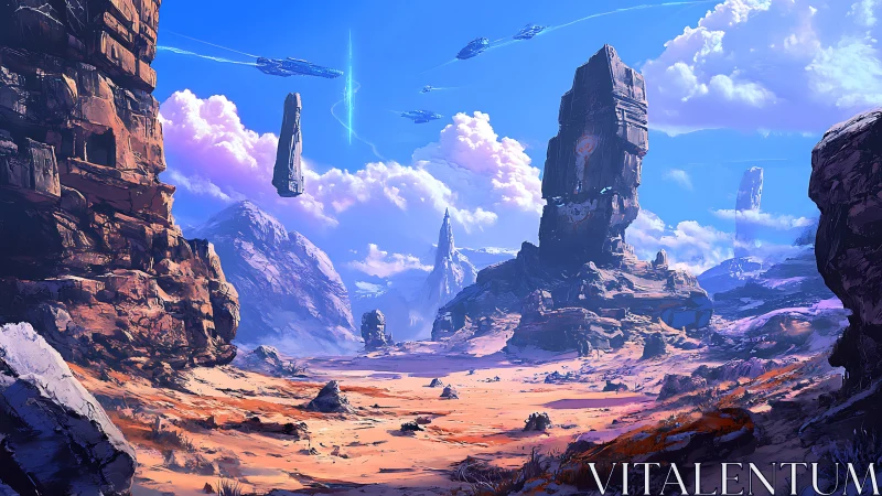 Futuristic desert monoliths rise under passing starships